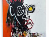 painting of a woman with glasses and a mohawk on an orange background