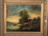 an oil painting of a river scene with a boat in the water