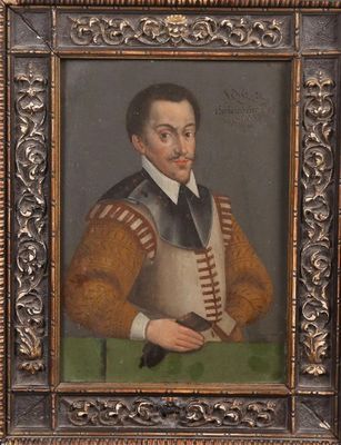 portrait of a man in a brown coat holding a gun