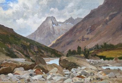 une peinture représentant une scène de montagne avec une rivière au premier plan