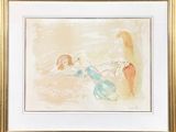 framed watercolor painting of two women and a dog on the beach