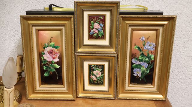 FRANCOISE : lot de 5 émaux de Limoges « fleurs », signés