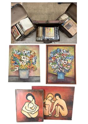 quatre tableaux représentant une femme et un vase de fleurs