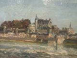 a painting of a city by the water on a sunny day