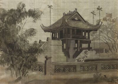 un dessin représentant une pagode au milieu d'un parc