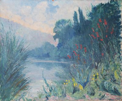 peinture représentant une rivière, avec des arbres et des fleurs au premier plan