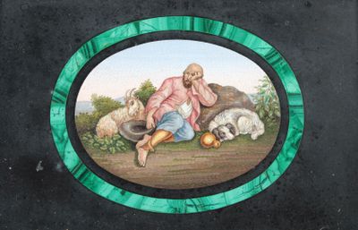 une photo d'un tableau représentant un homme assis par terre
