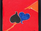 a painting of two hearts and a umbrella on a red background