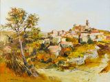 une peinture à l'huile représentant un village situé sur une colline, avec un arbre au premier plan