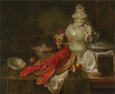 un tableau représentant un homard posé sur une table, à côté d'un vase