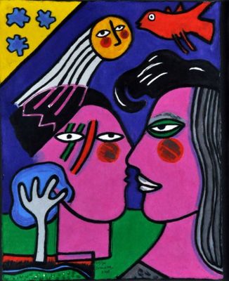 a painting of two women looking at each other with a bird in the background