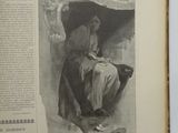an old book with a drawing of a man in a hat and a woman in a dress