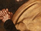 painting of an old man with a beard and a yellow shawl holding his hands