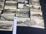 several old black and white photographs of a city and a river