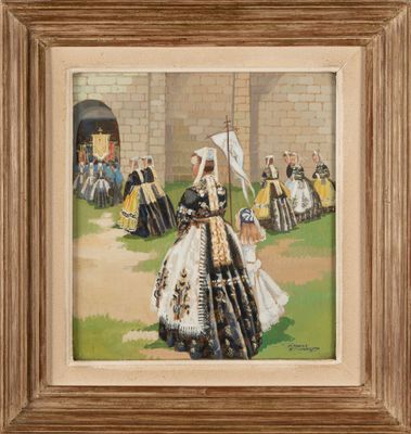 an image of a painting of a woman in a dress with a sword