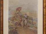 painting of a woman with an umbrella and dogs on a beach