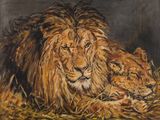 une peinture à l'huile représentant deux lions allongés sur un tas de foin