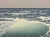a painting of a man riding a wave on a surfboard