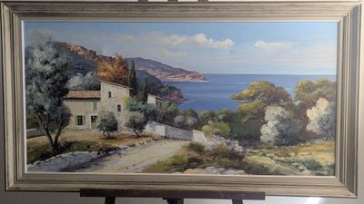 une image d'une peinture d'une maison au bord de l'eau