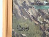 a painting of a mountain scene with a river in the foreground