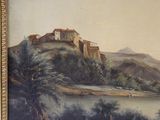 a picture of a painting of a castle on a hill