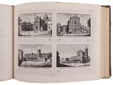 an open book with four pictures of buildings and a clock tower