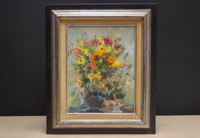 a painting of flowers in a vase on a table