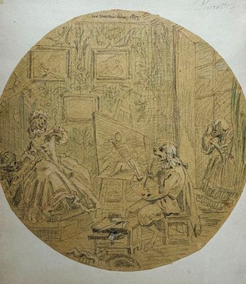 un vieux dessin représentant une femme assise à une table, avec un homme debout à côté d'elle