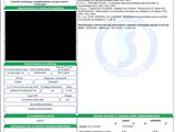 a green and white document with a barcode on it