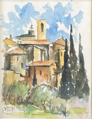 une image représentant une aquarelle d'un bâtiment doté d'une tour horloge
