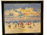painting of a group of people walking on a beach with umbrellas
