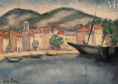 a painting of a boat in the water near a town