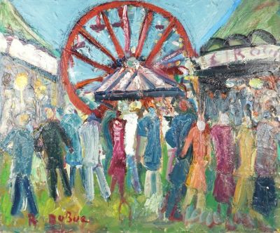 une peinture à l'huile représentant des personnes à une fête foraine, avec une grande roue en arrière-plan