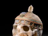 a close up of a skull with a hat on it ' s head