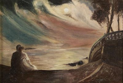 tableau représentant un homme assis sur un bateau au milieu d'un plan d'eau