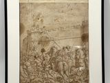 an old drawing of a group of people in front of a ship