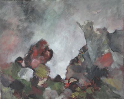 an oil painting of a man sitting on top of a pile of rocks