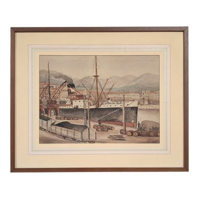 an old watercolor painting of a ship docked in a harbor