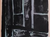 an open book with a drawing of a woman looking out of a window