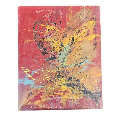 peinture abstraite représentant une fleur rouge et jaune sur fond rouge