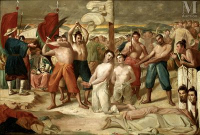 painting of a group of men standing around a man laying on the ground