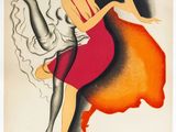 a vintage poster advertising a woman in a red dress and hat