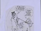 cartoon drawing of a man sitting in a chair talking to a woman