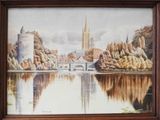 painting of a river scene with a bridge and a castle in the background