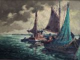 a painting of a boat in the water with other boats in the water