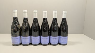 six bouteilles de vin sont alignées sur une table