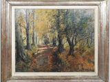 a painting of a path in the woods with trees and leaves