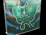 une boîte de cartes Pokémon avec un motif vert et noir