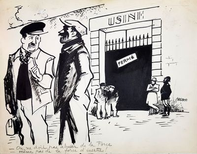 drawing of two men standing in front of a building with a sign on it