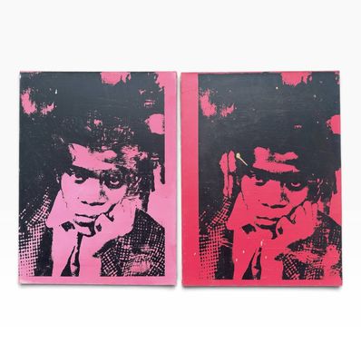 two paintings of a man in a suit and tie on a white background